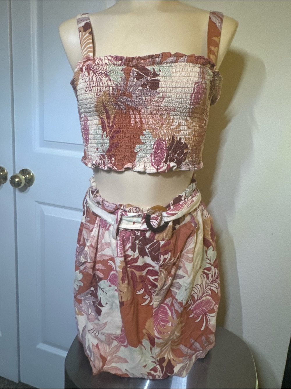 Aeropostale Rust Pink & Cream Floral Smocked Two Piece Set- Top & Mini Skirt